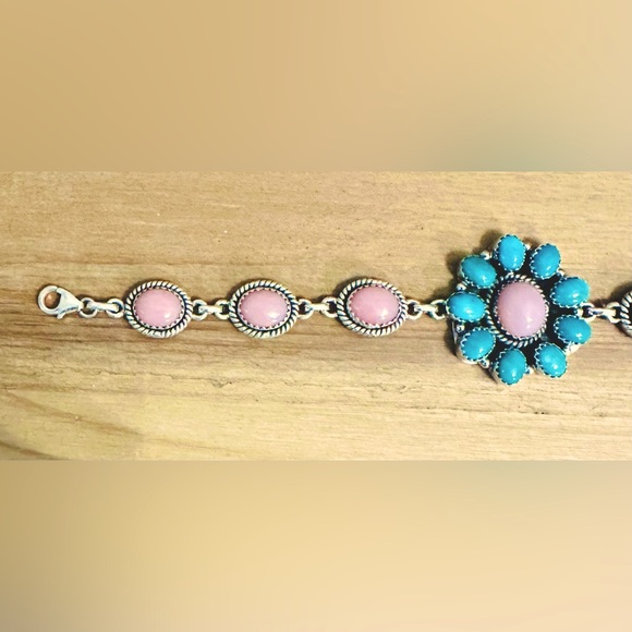 NWT Sterling Silver Pink Opal and Kingman Turquoise Bracelet - Picture 2 of 14